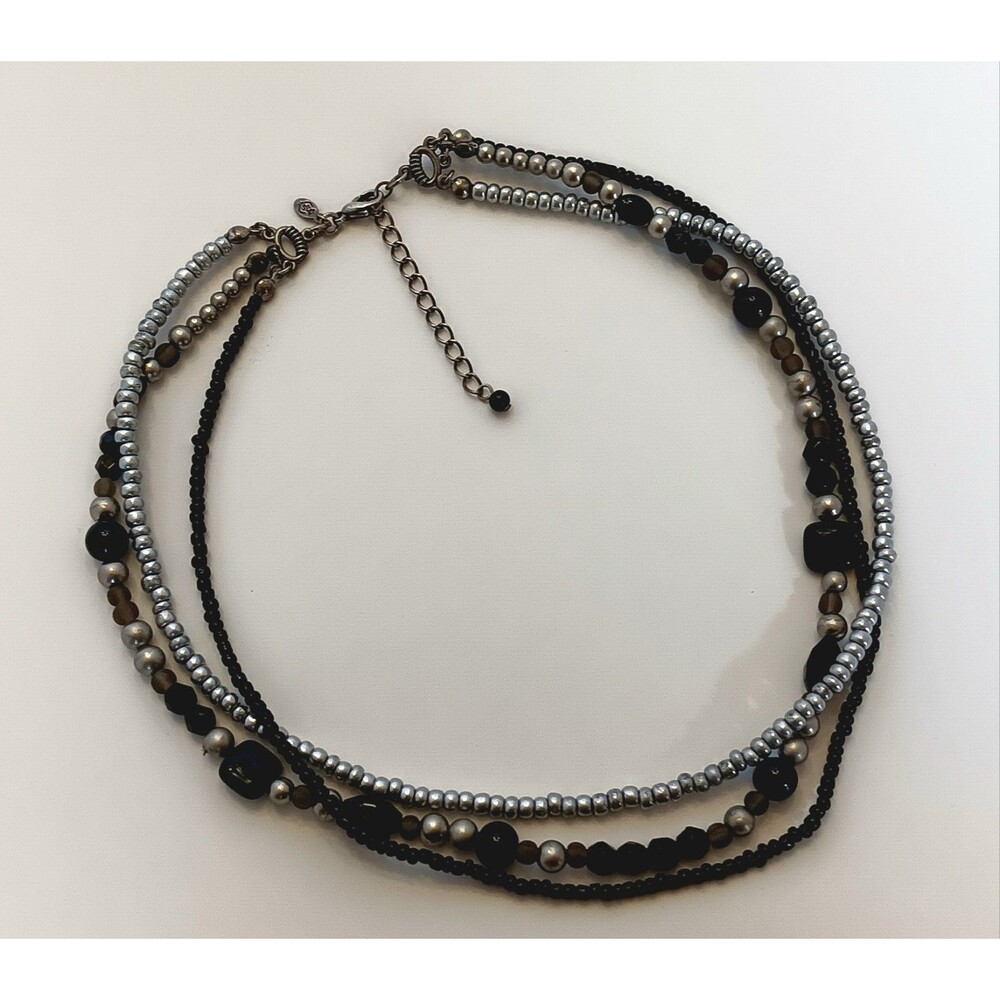 Premier Designs Triple Strand Gunmetal Black Silver Bead Necklace Retired - Picture 7 of 9